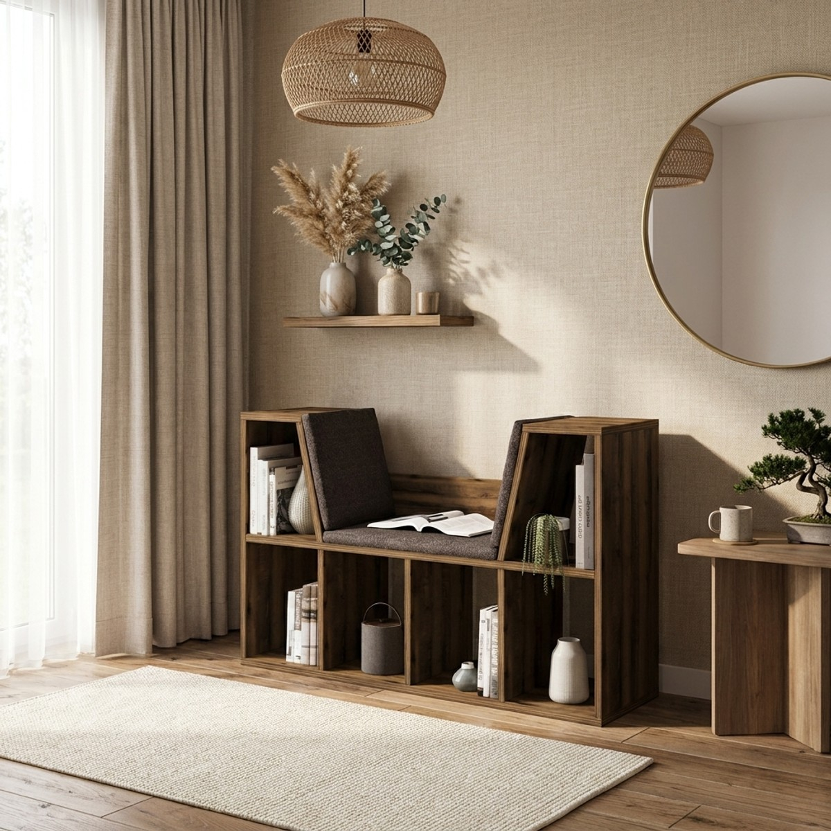 Niedriges Bücherregal mit integrierter Sitzbank Livora