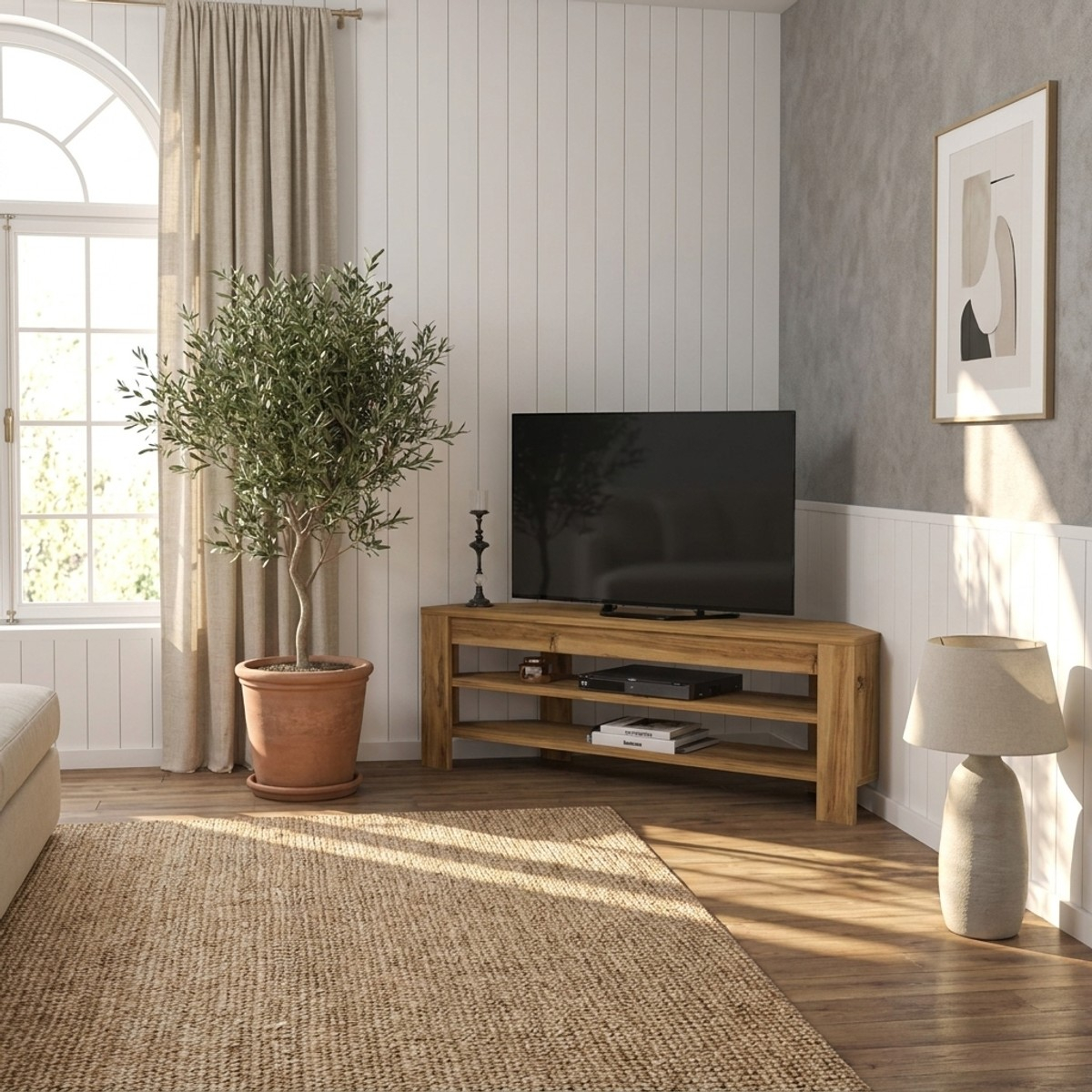 Mueble TV esquinero con estantes de madera engineered Corner
