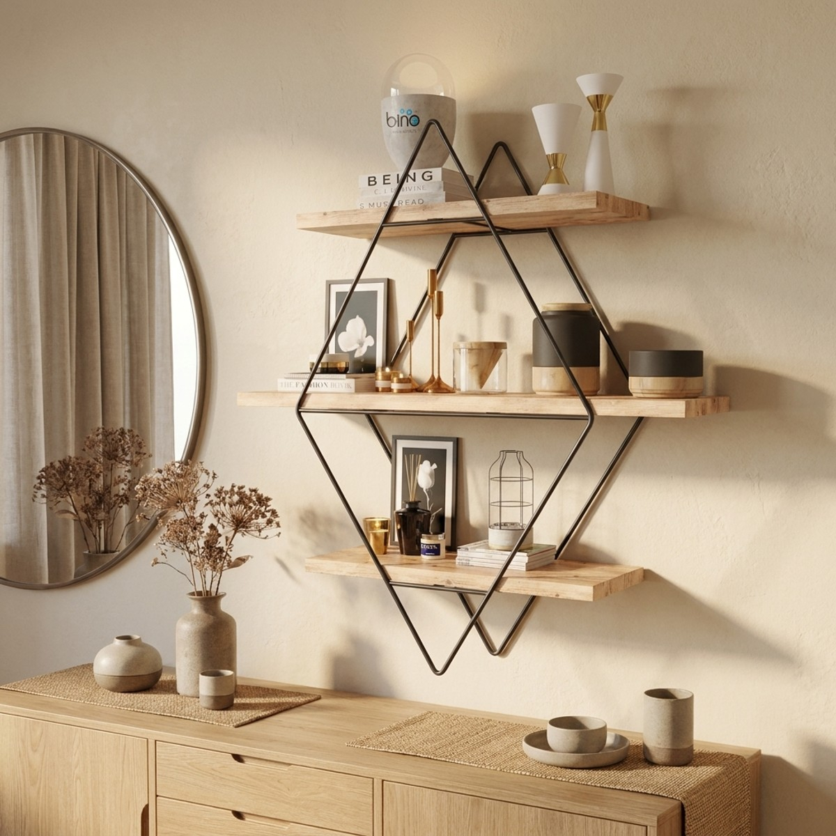 Estante de pared de madera maciza y metal cm-028-srk