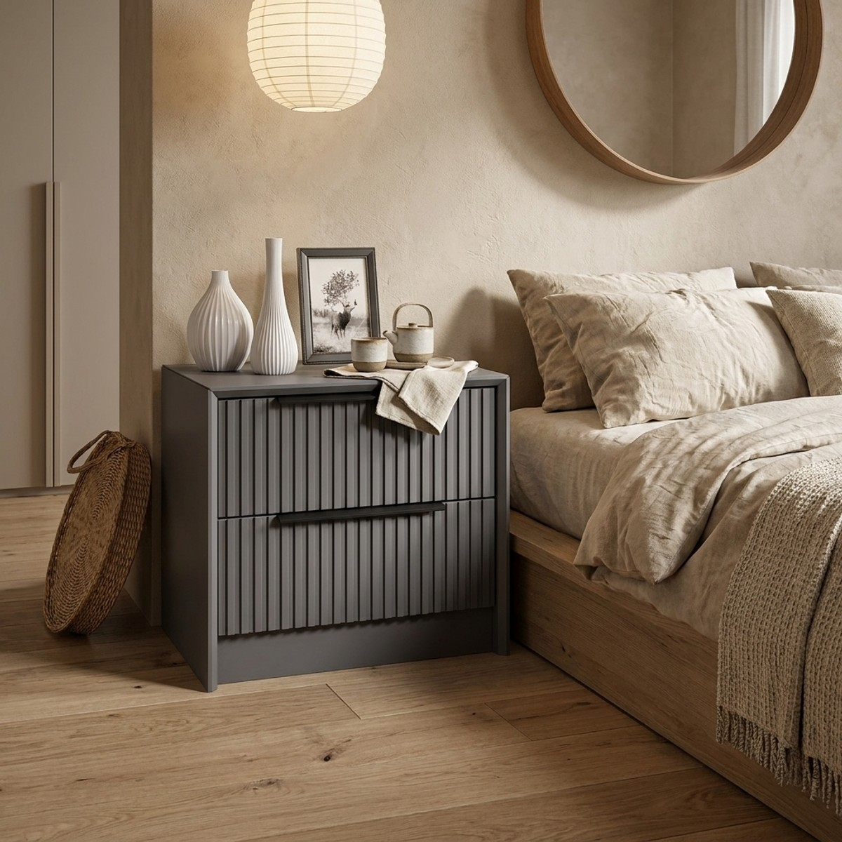 Mesita de noche moderna de 2 cajones en melamina Kale Luxe Soft