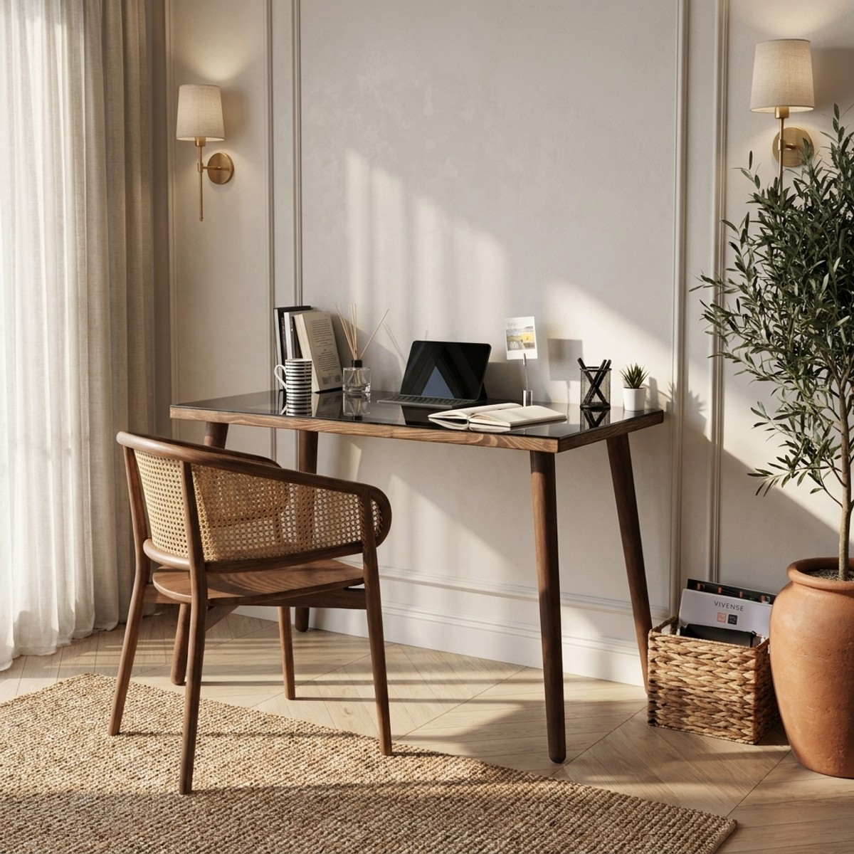 Escritorio de vidrio templado y madera de haya Cozy