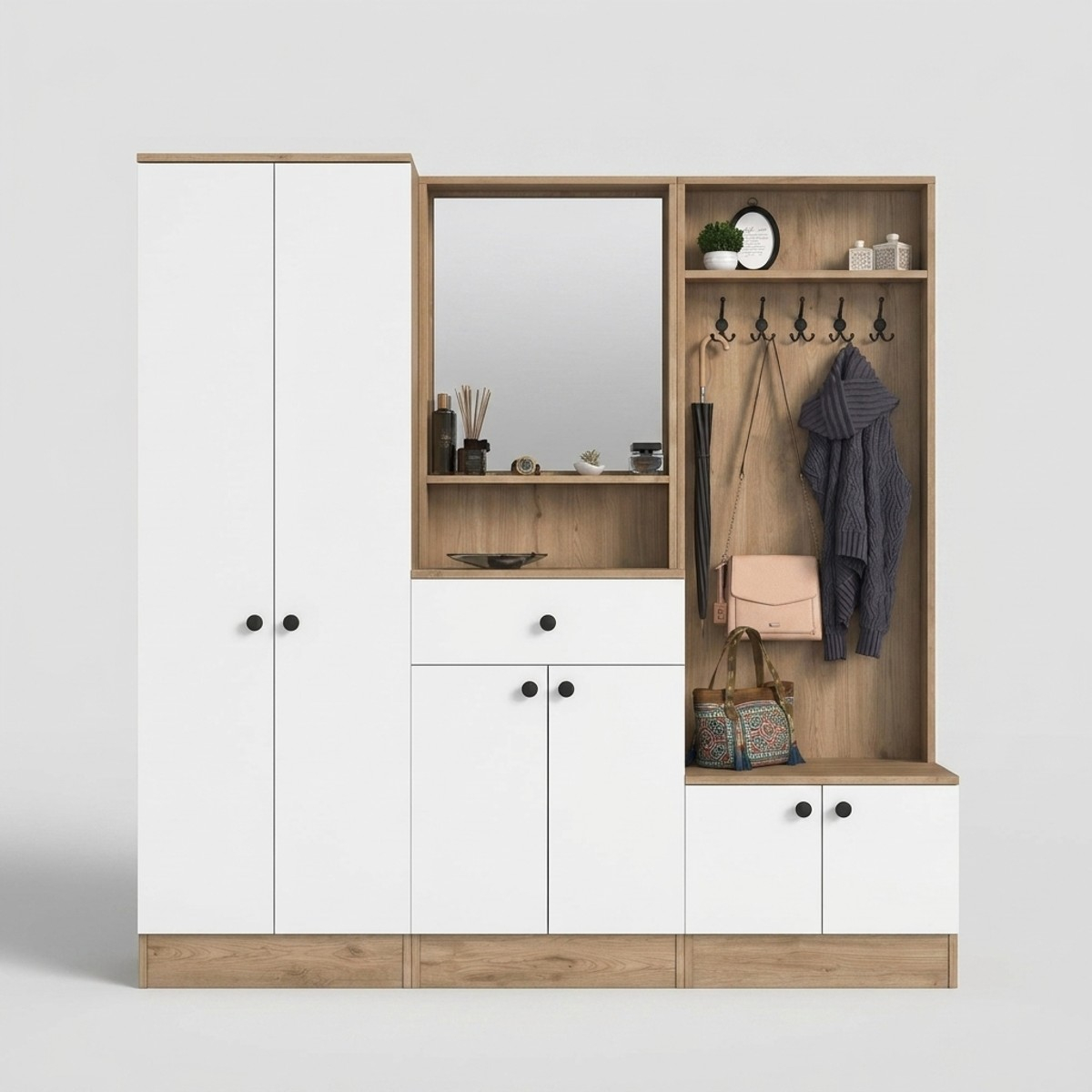 Mueble recibidor con perchero, espejo y zapatero Myristh