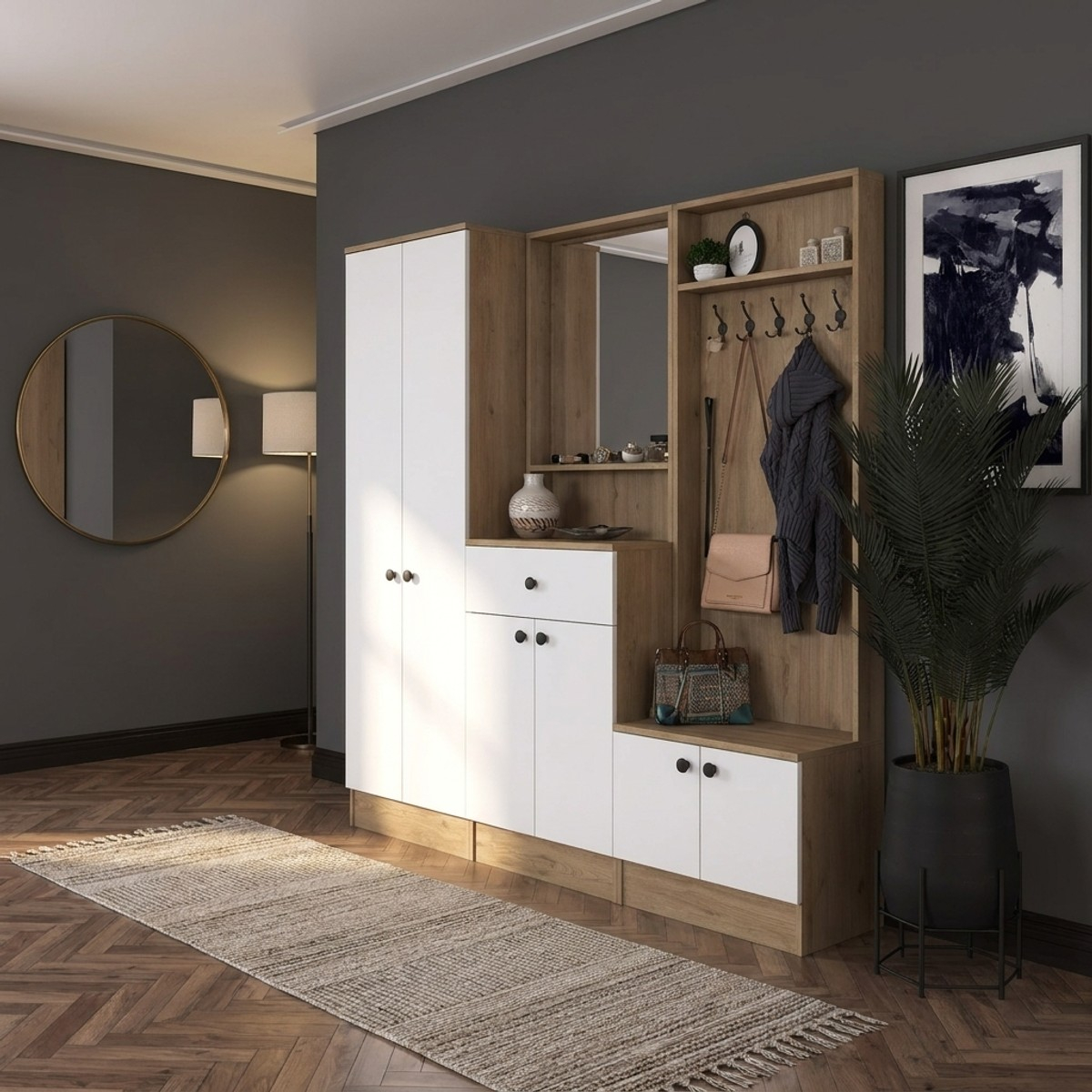 Mueble recibidor con perchero, espejo y zapatero Myristh