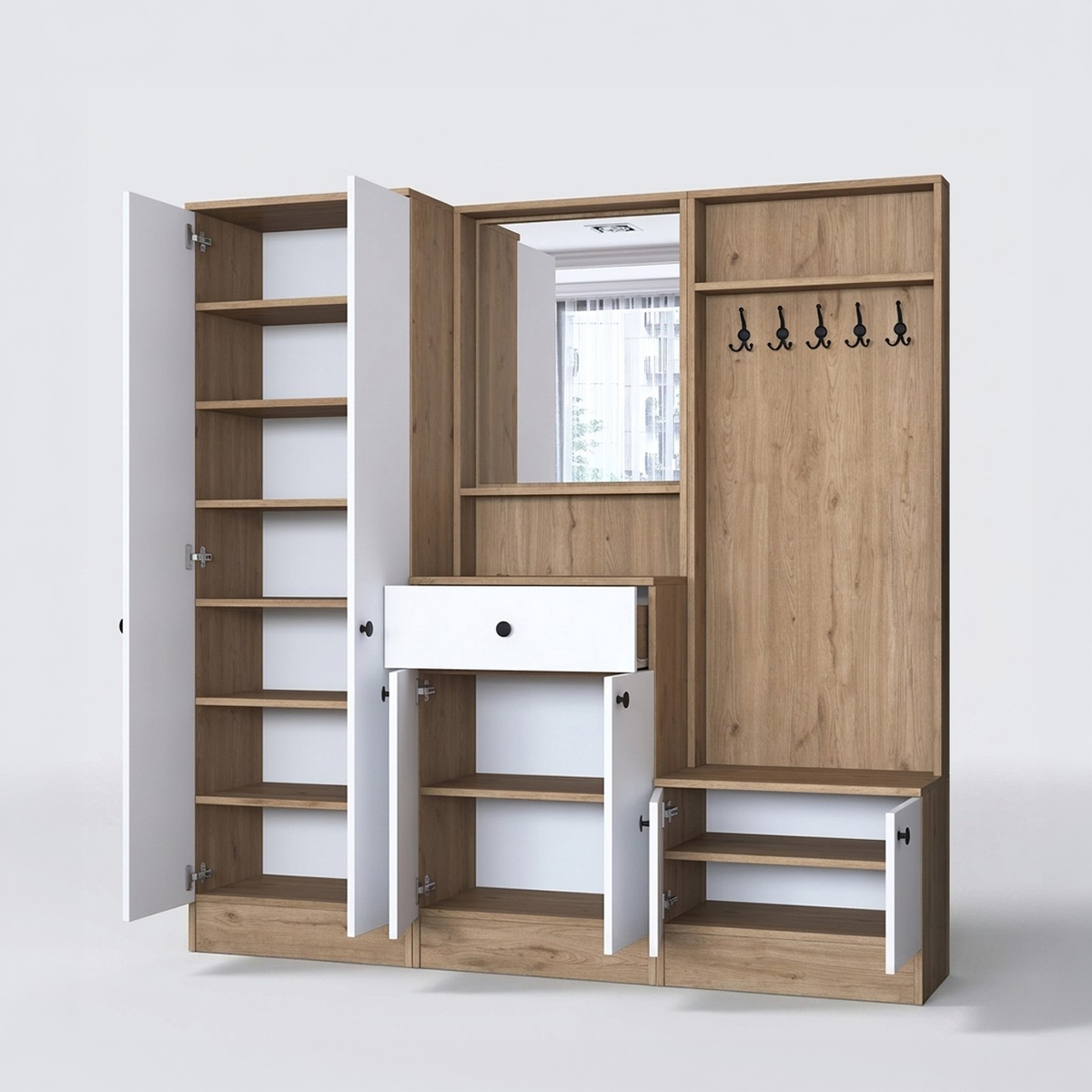 Meuble d’entrée avec porte-manteau, miroir et meuble à chaussures Myristh