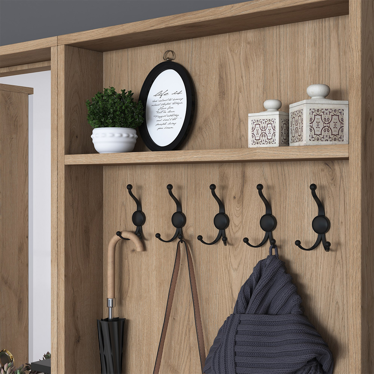 Meuble d’entrée avec porte-manteau, miroir et meuble à chaussures Myristh