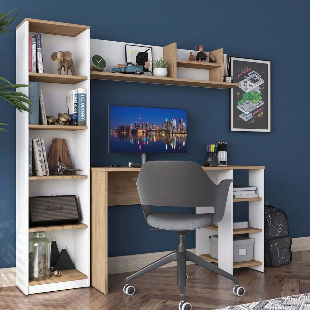 Escritorio de estudio con librería y estante ahorraespacio Mistral
