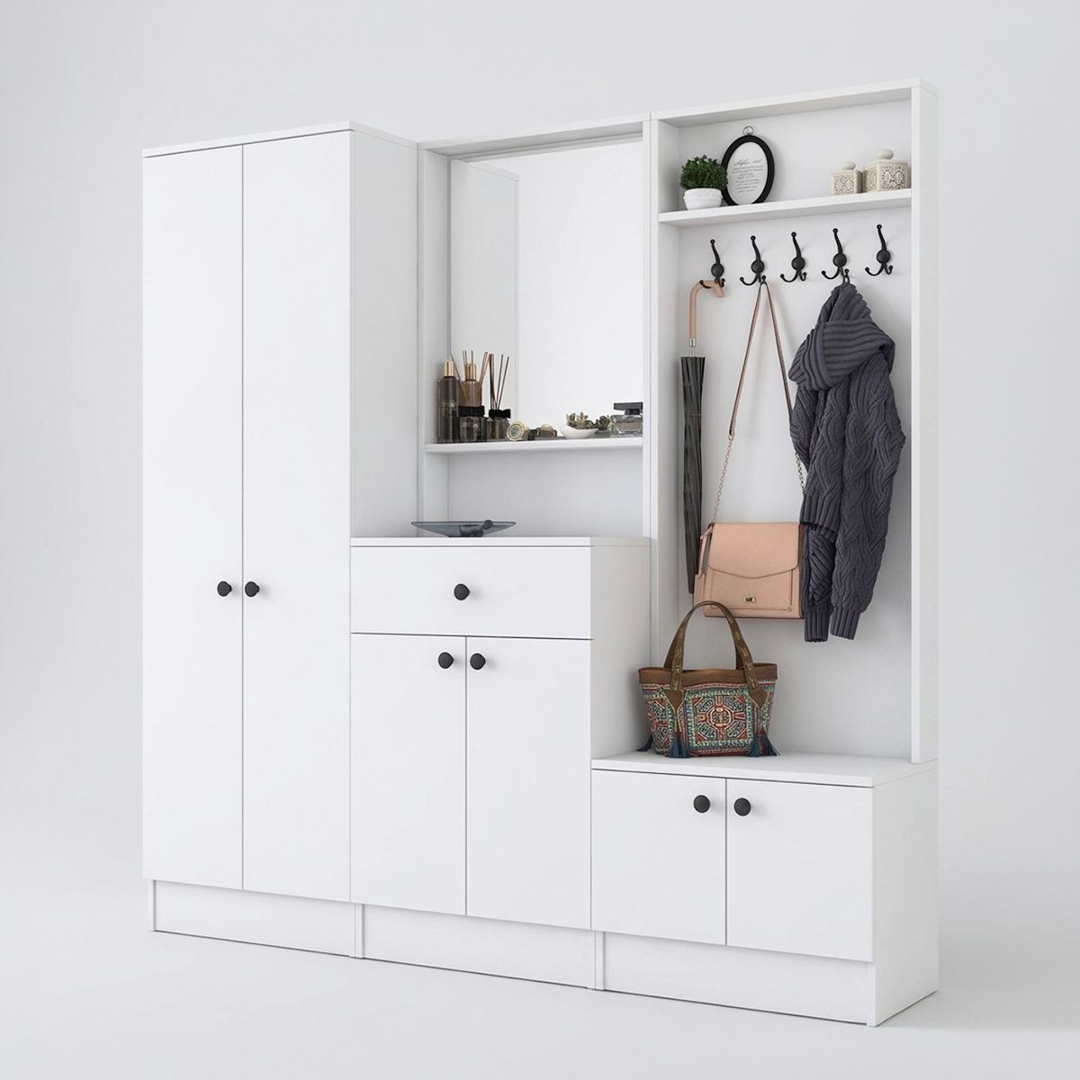 Mueble de entrada recibidor con espejo y perchero Throm