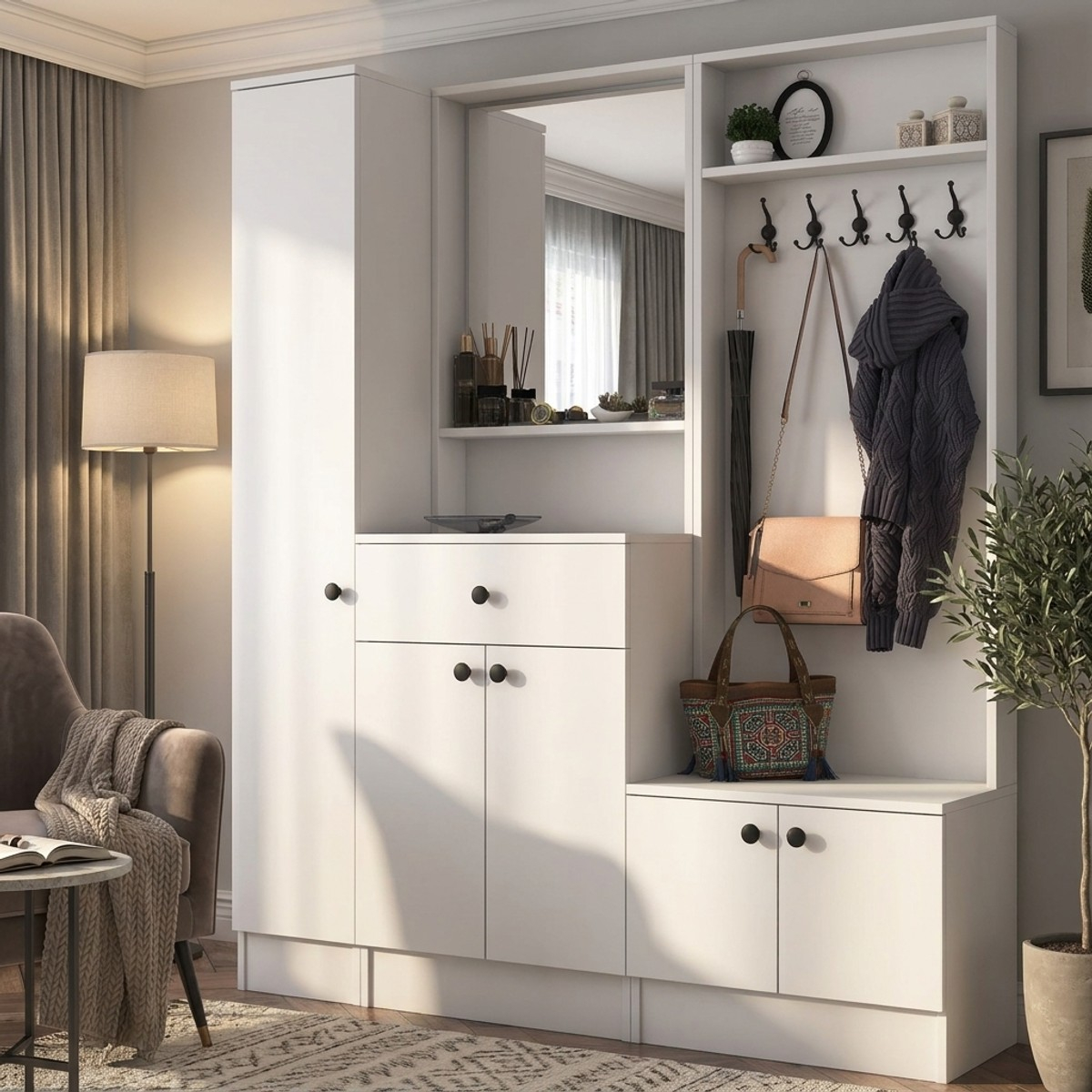 Mueble de entrada recibidor con espejo y perchero Throm