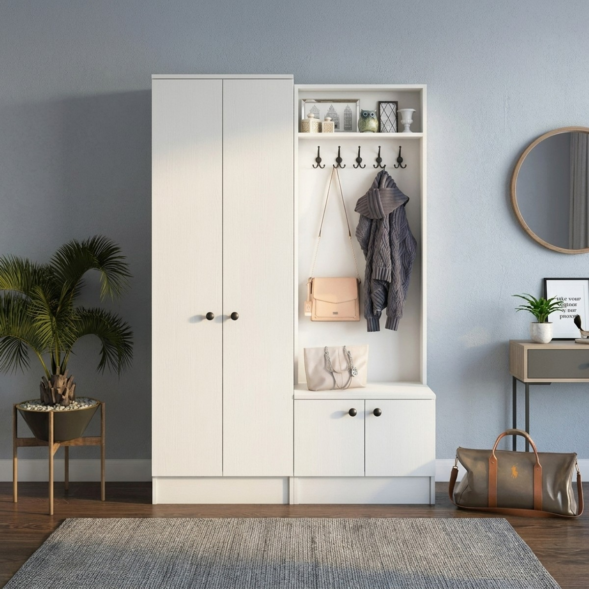 Mueble recibidor con perchero, zapatero y armario Korith