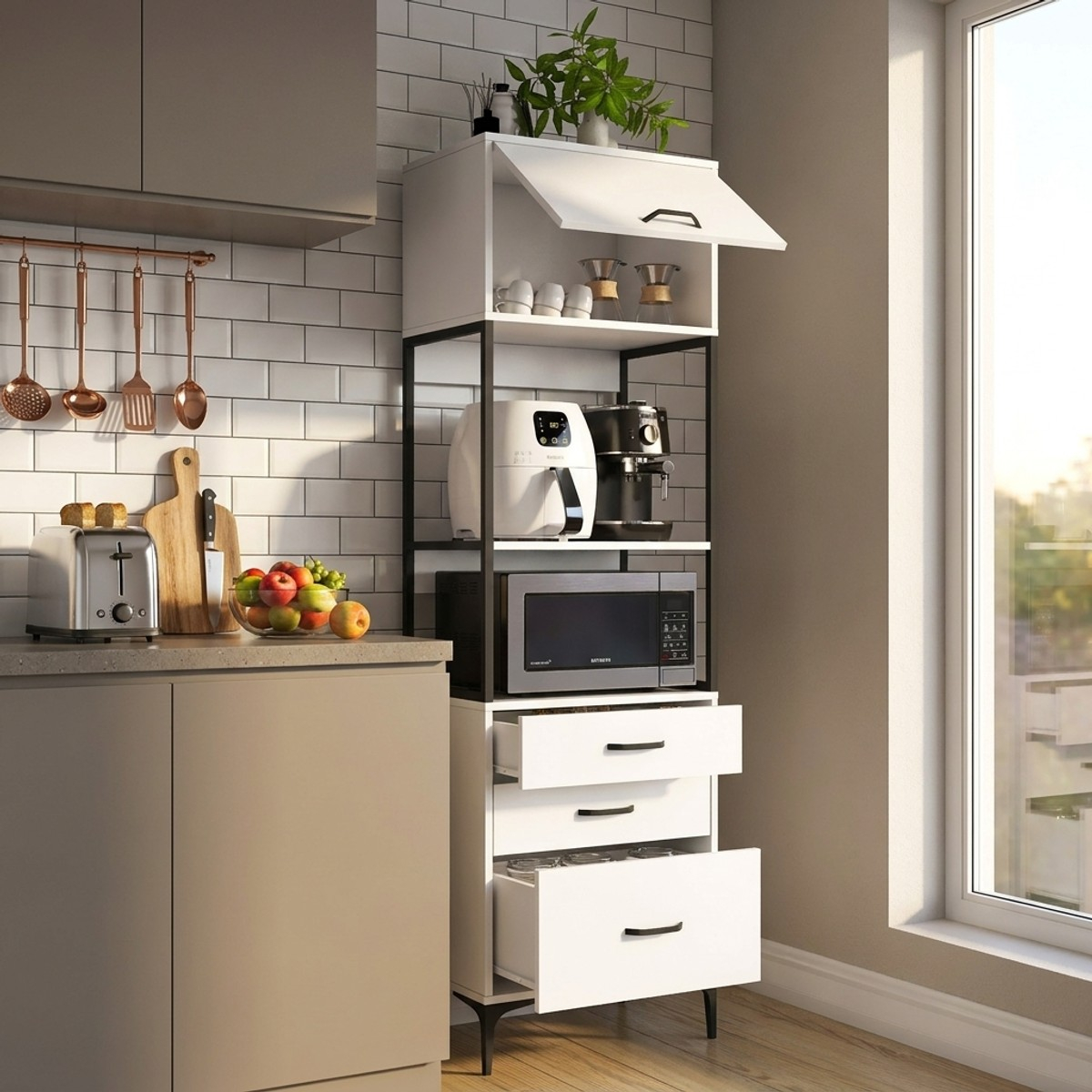 Platzsparender Mehrzweckschrank mit Regalen und Schubladen Linear