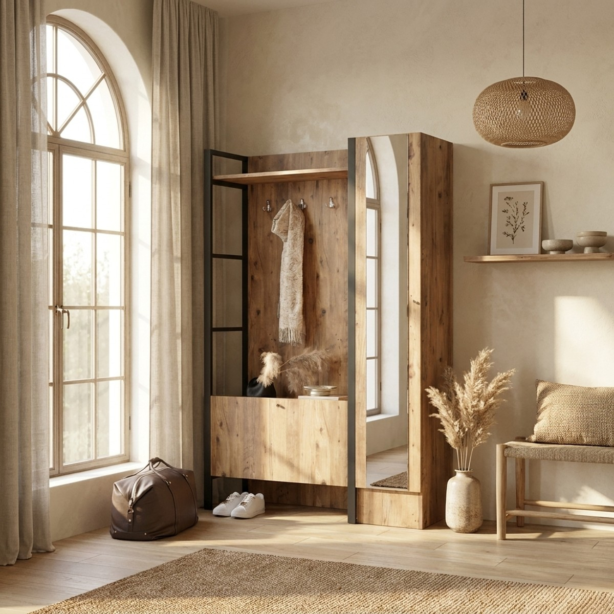 Mueble recibidor con espejo y zapatero Vorth