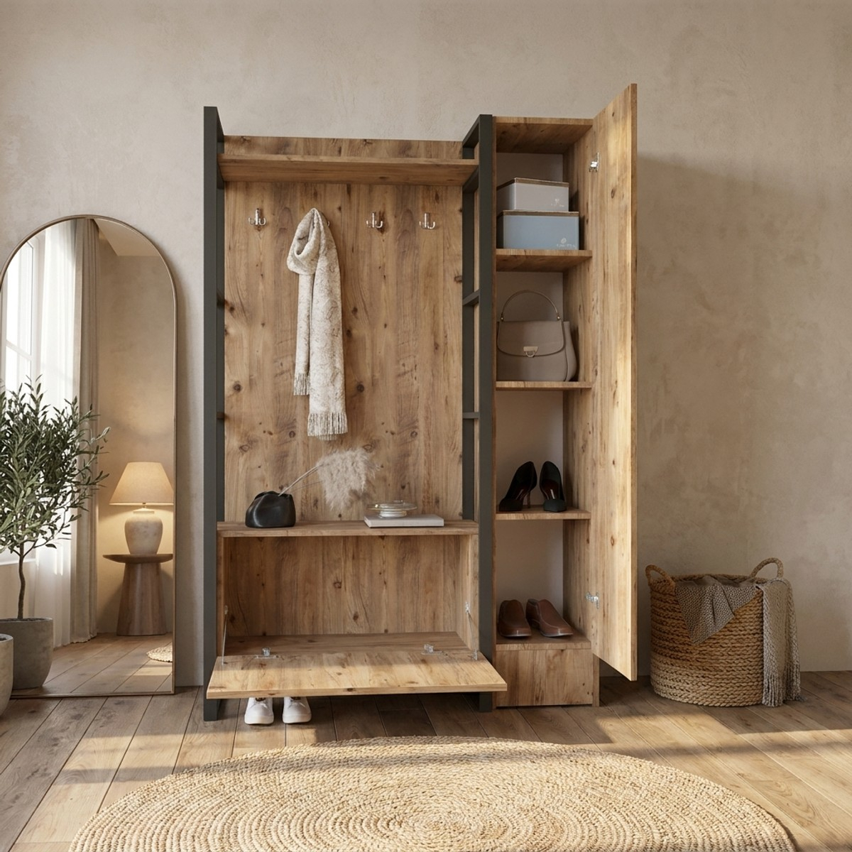 Mueble recibidor con espejo y zapatero Vorth