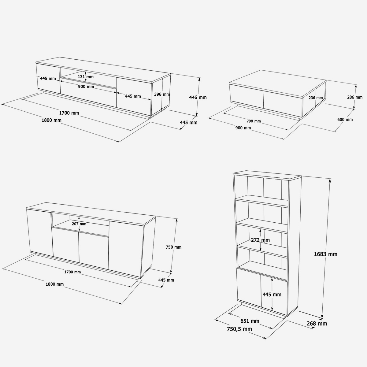 Wohnwand-Set fürs Wohnzimmer mit TV-Element und Bücherregal Tenda