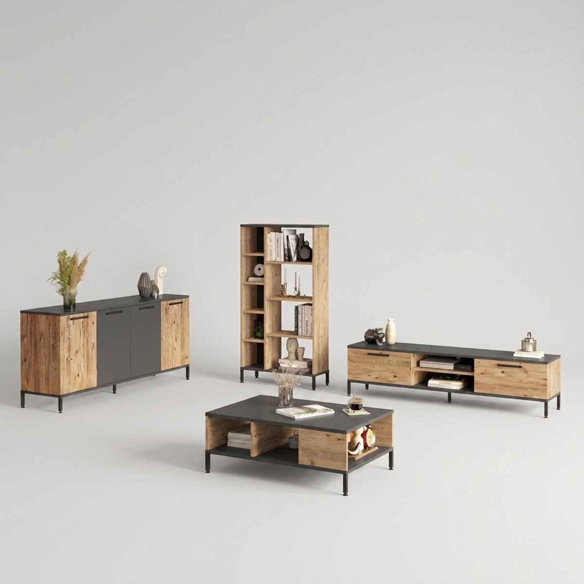 Wohnwand-Set fürs Wohnzimmer mit TV-Element und Bücherregal Nythox
