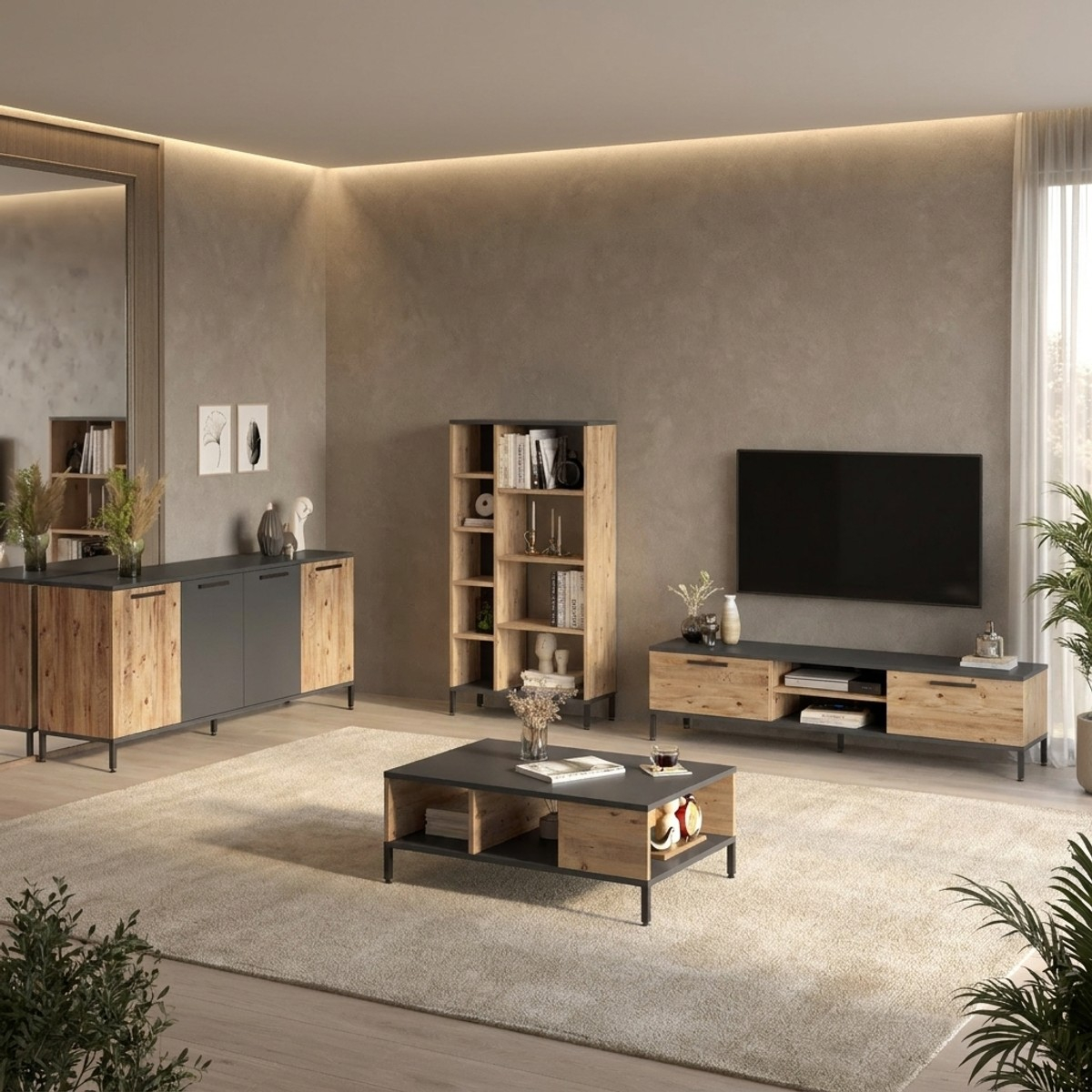 Wohnwand-Set fürs Wohnzimmer mit TV-Element und Bücherregal Nythox