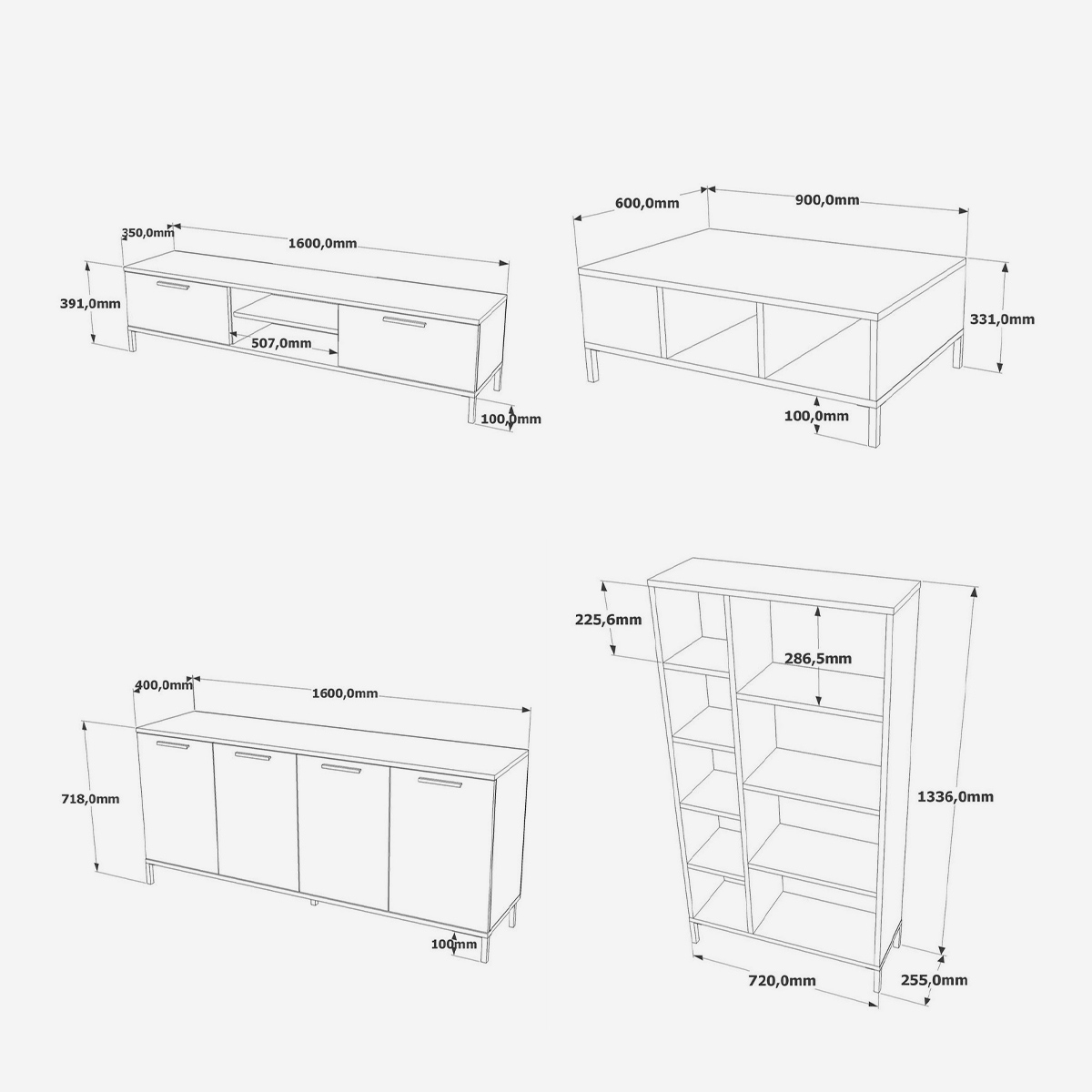 Wohnwand-Set fürs Wohnzimmer mit TV-Element und Bücherregal Nythox