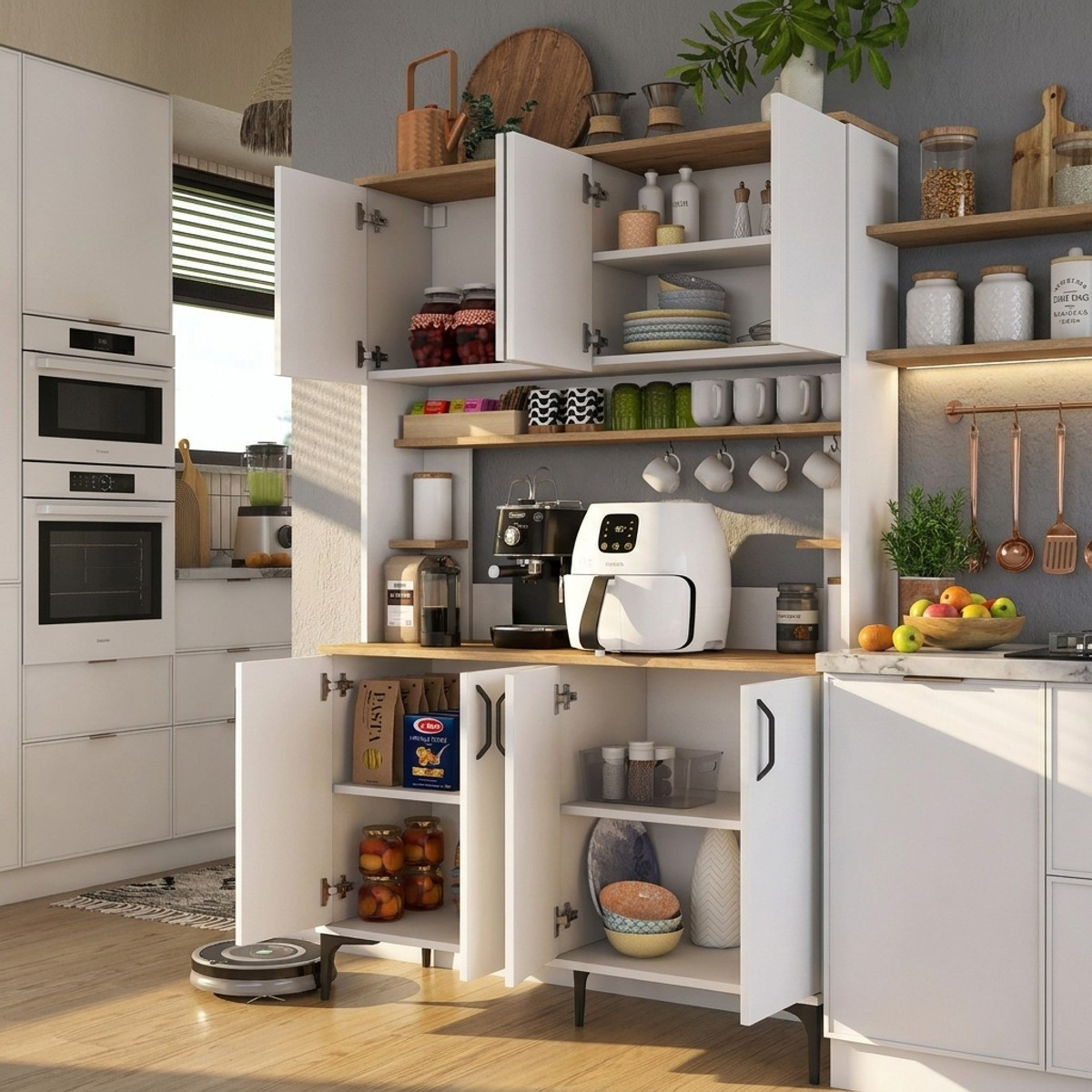 Aparador multiusos para cocina con estantes y puertas Metrica