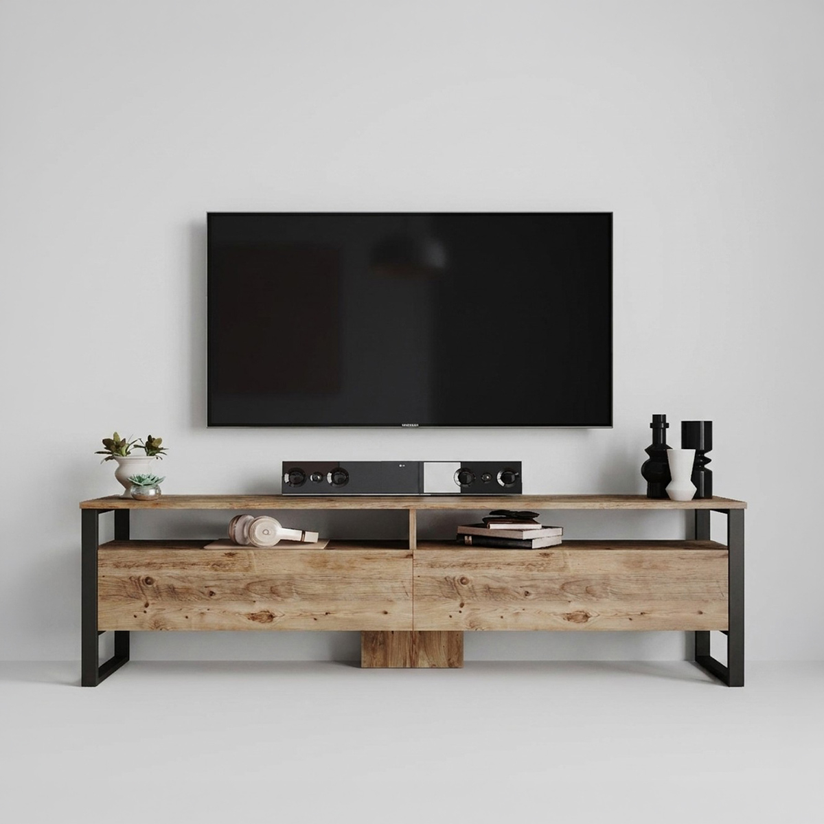Mobile porta TV con ripiani e gambe in metallo Klyss