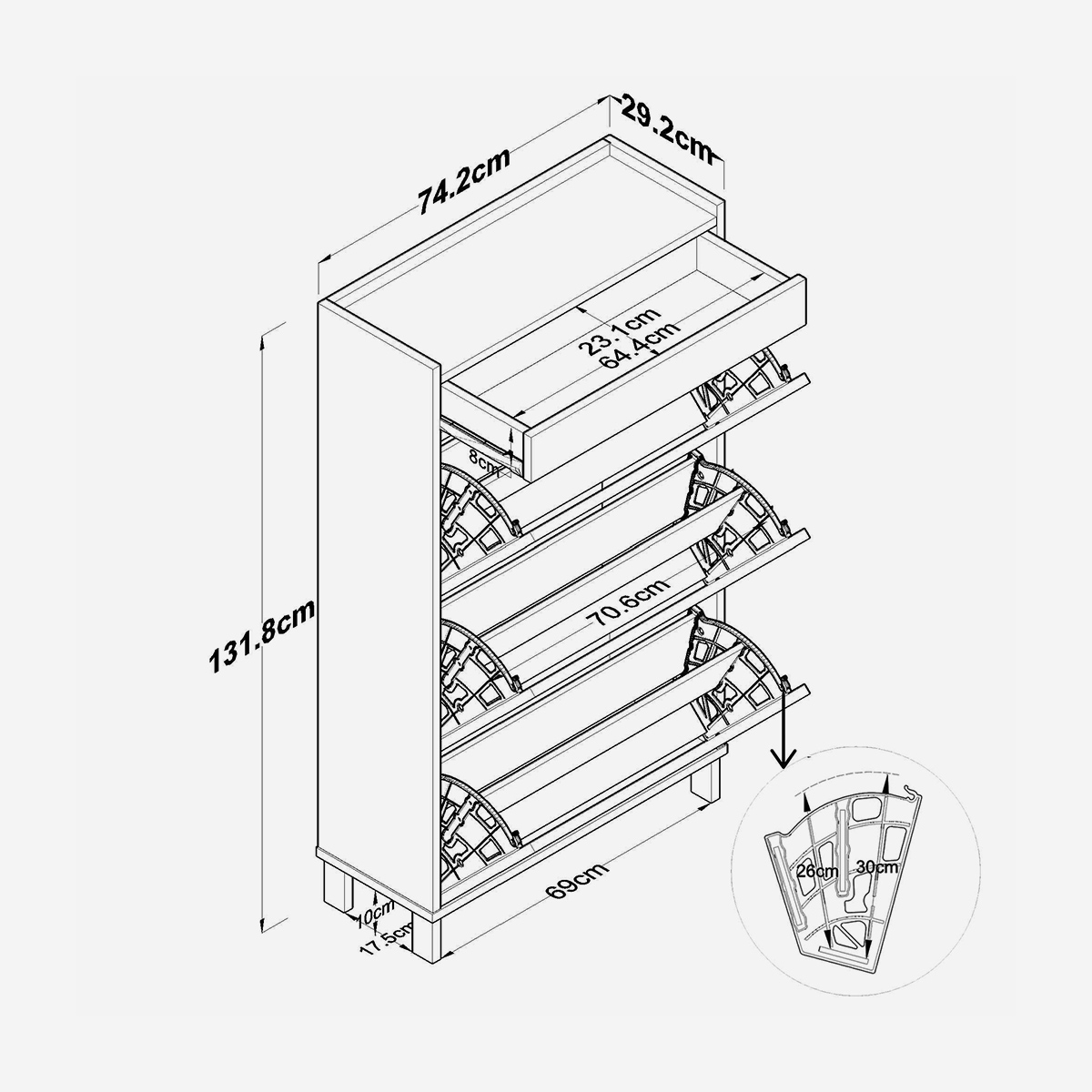 Zapatero ahorraespacio con cajón y 3 puertas abatibles Horizon