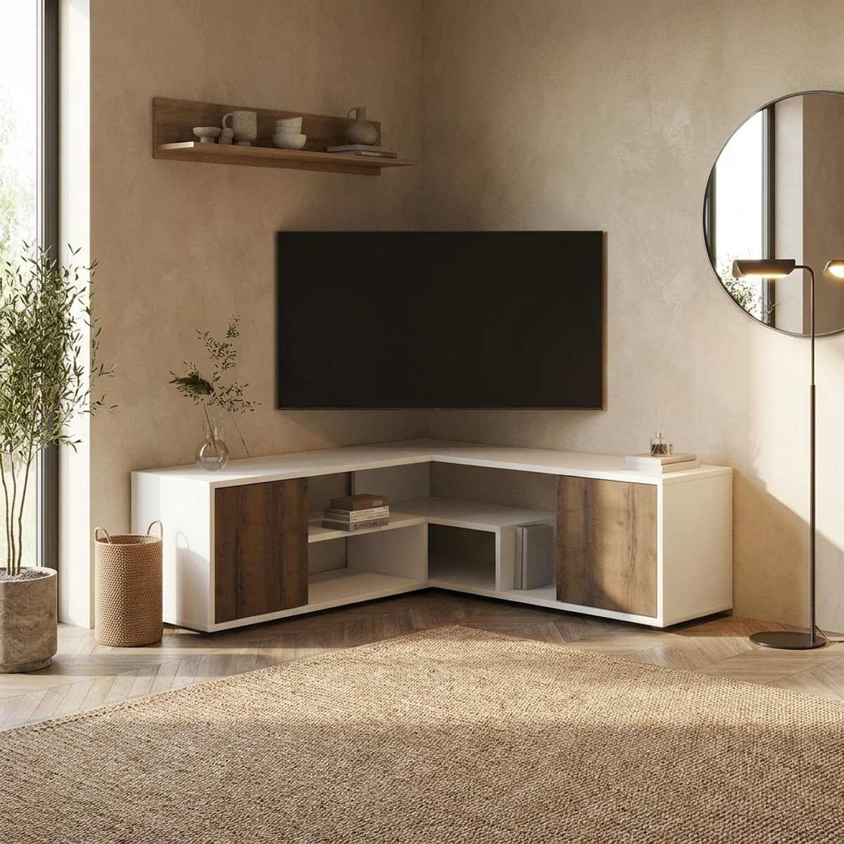Mueble esquinero para TV Rosa con estantes y puertas