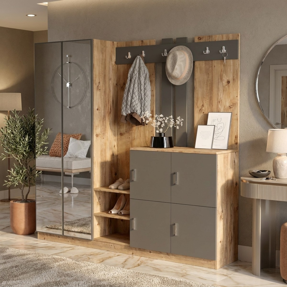 Mueble de recibidor con espejo, zapatero y perchero Vesperium