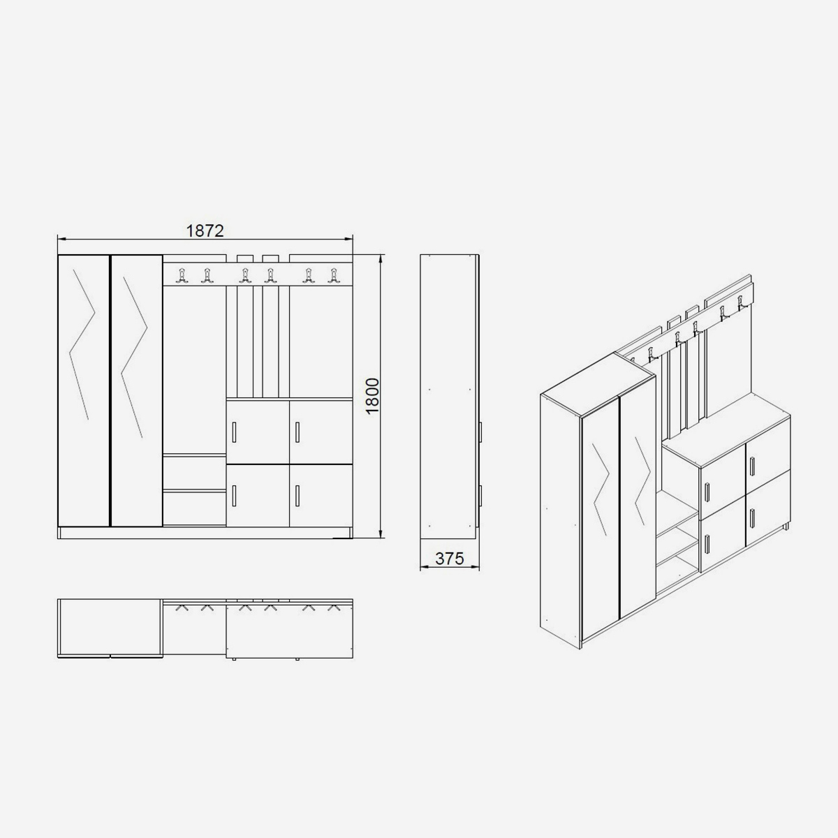 Mueble de recibidor con espejo, zapatero y perchero Vesperium