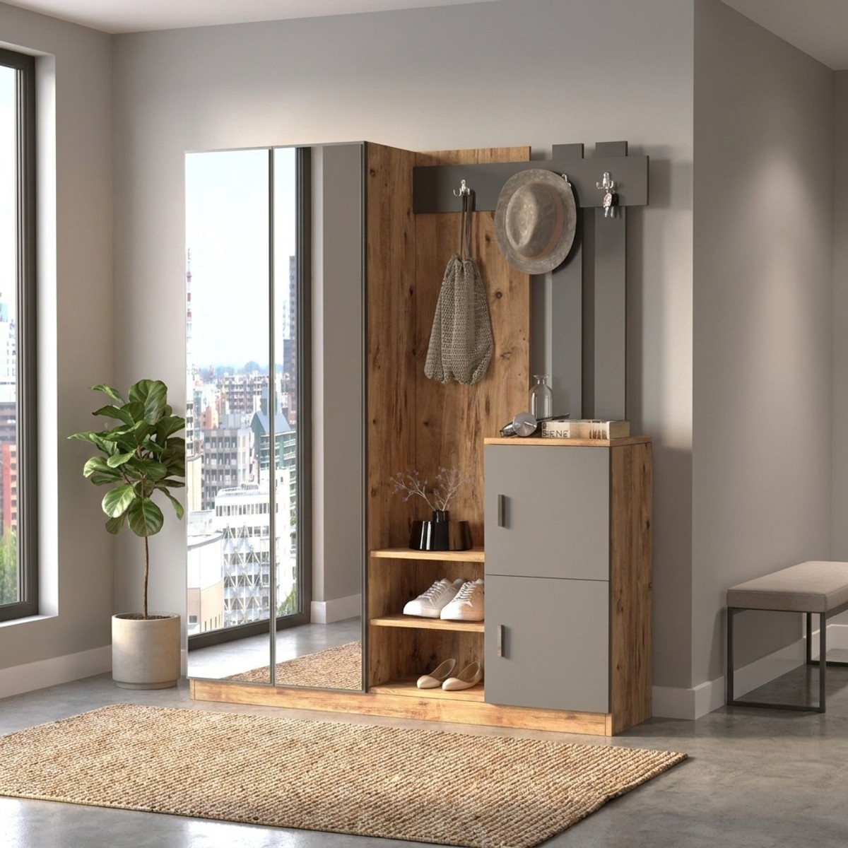 Mueble de entrada con espejo y perchero Rhyarith