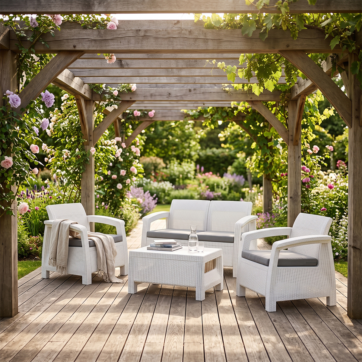 Garten-Lounge-Set Corfu mit Kissen und Couchtisch
