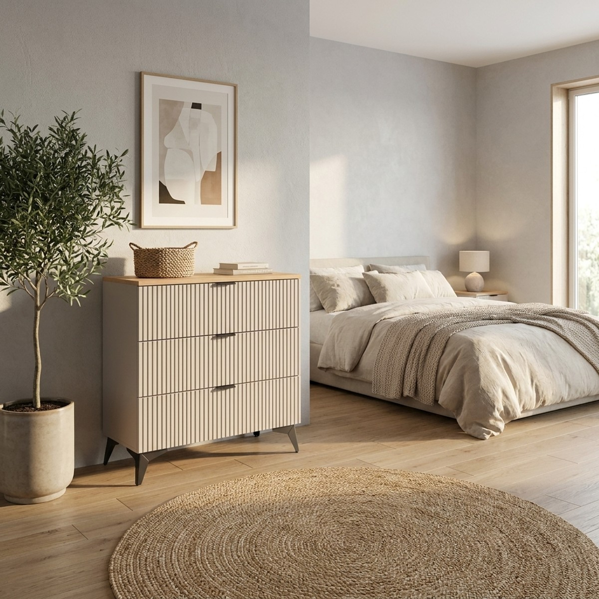 Cómoda para dormitorio juvenil con 3 cajones y patas de metal Velton