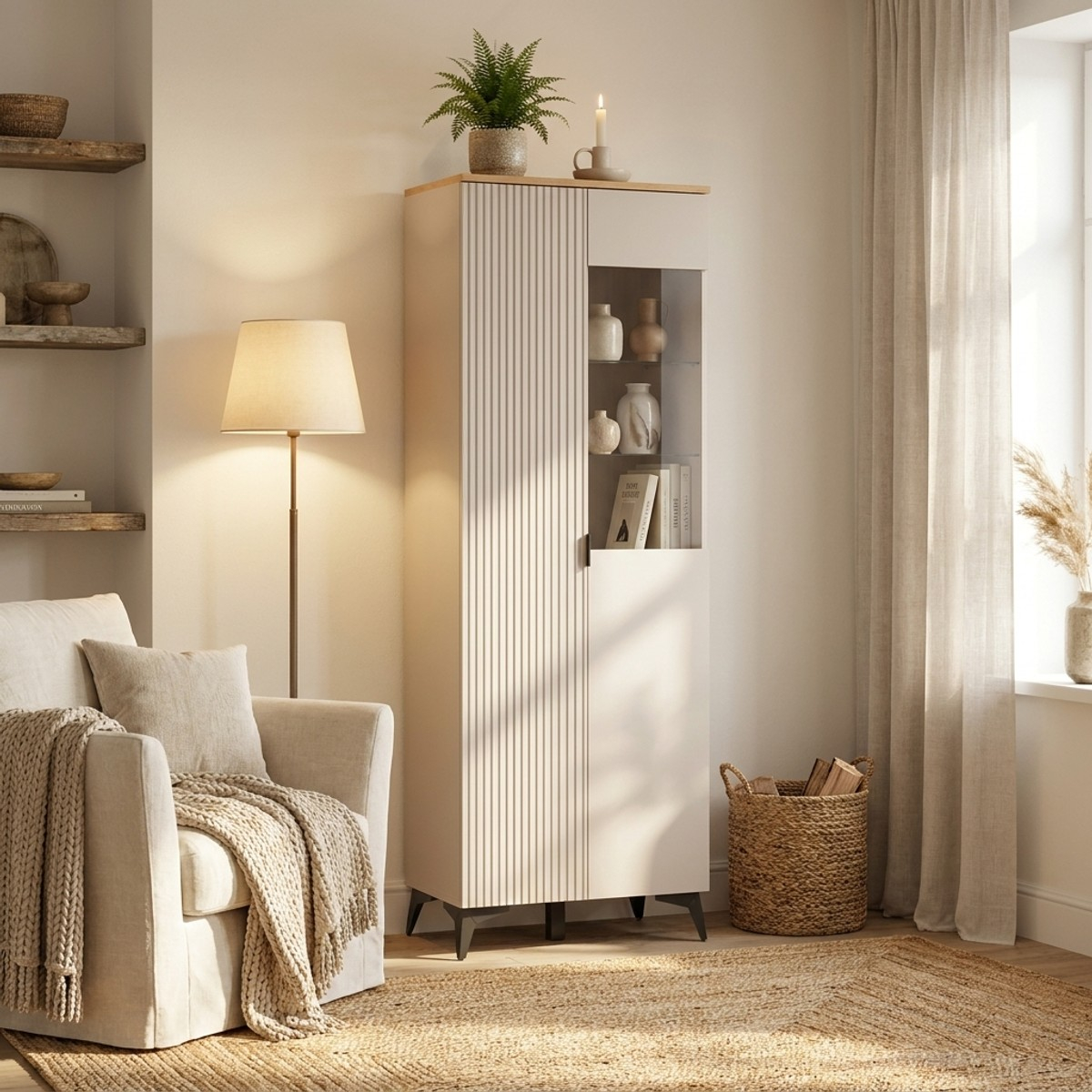 Vitrina alta para salón Velton con puerta y puerta de cristal