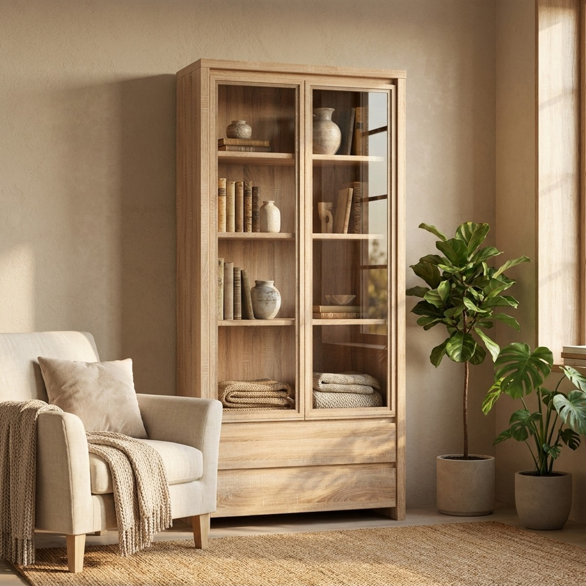 Vitrina de salón con 2 puertas de cristal y 2 cajones Kaspian
