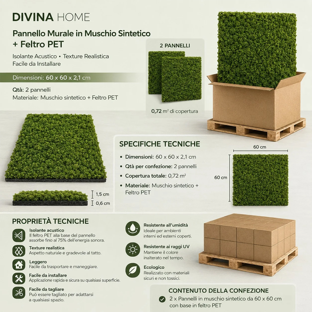 Dekorative Schallabsorber aus synthetischem Moos Stark