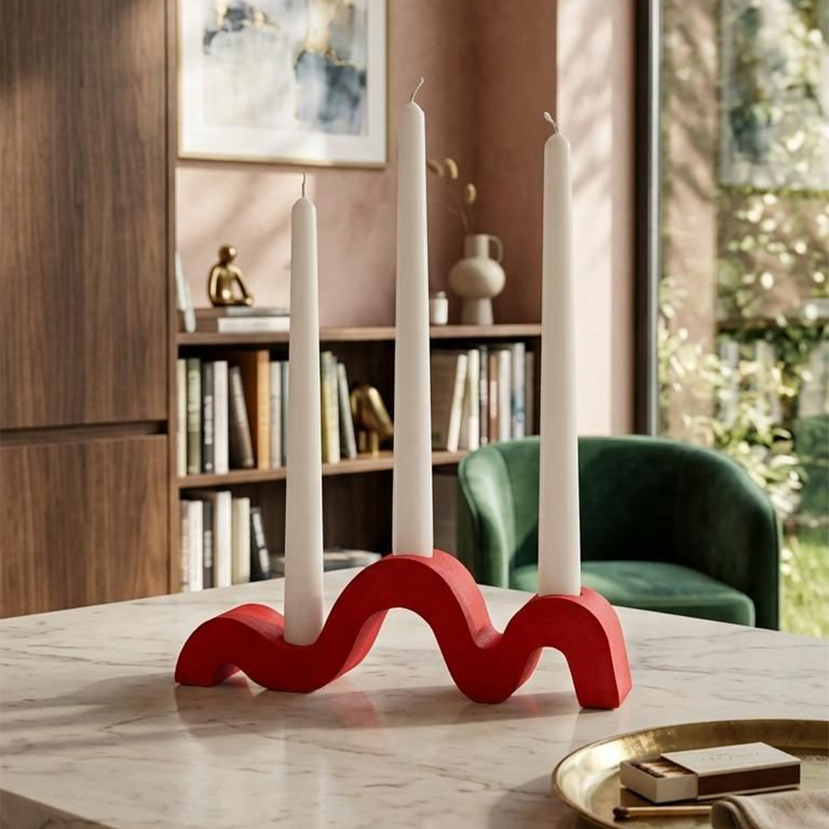 Kerzenhalter-Set mit dekorativen Kerzen Wavy Rosa