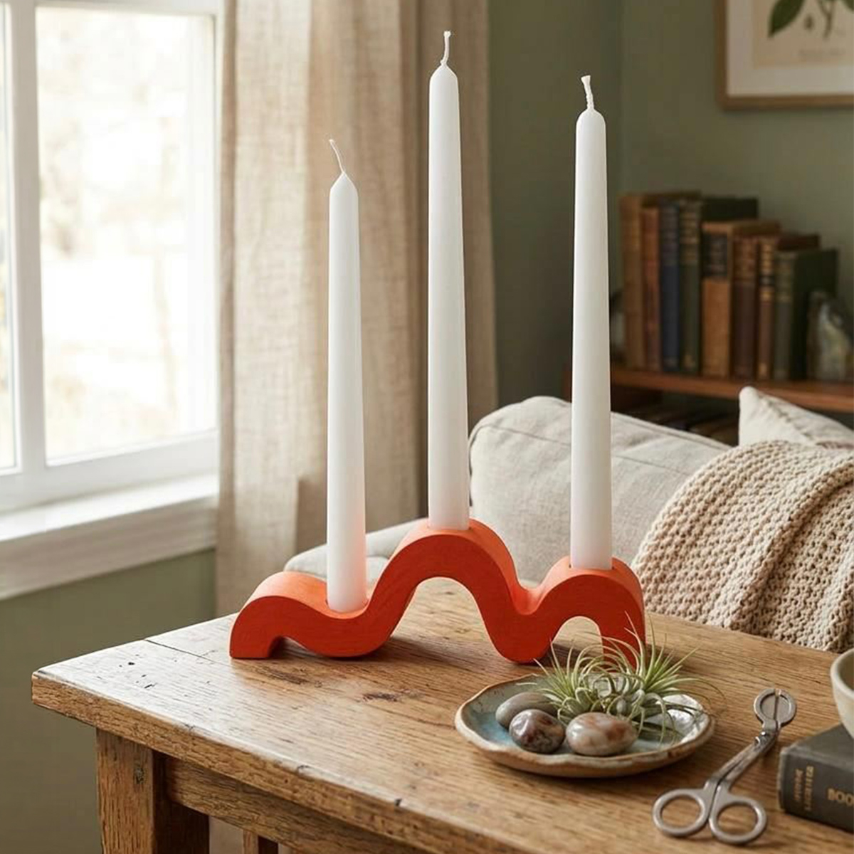Kerzenhalter-Set mit dekorativen Kerzen Wavy Rot