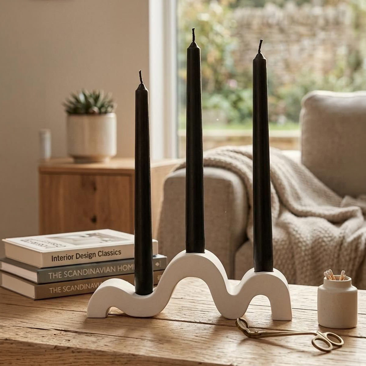 Set de portavelas con velas decorativas Wavy Blanco