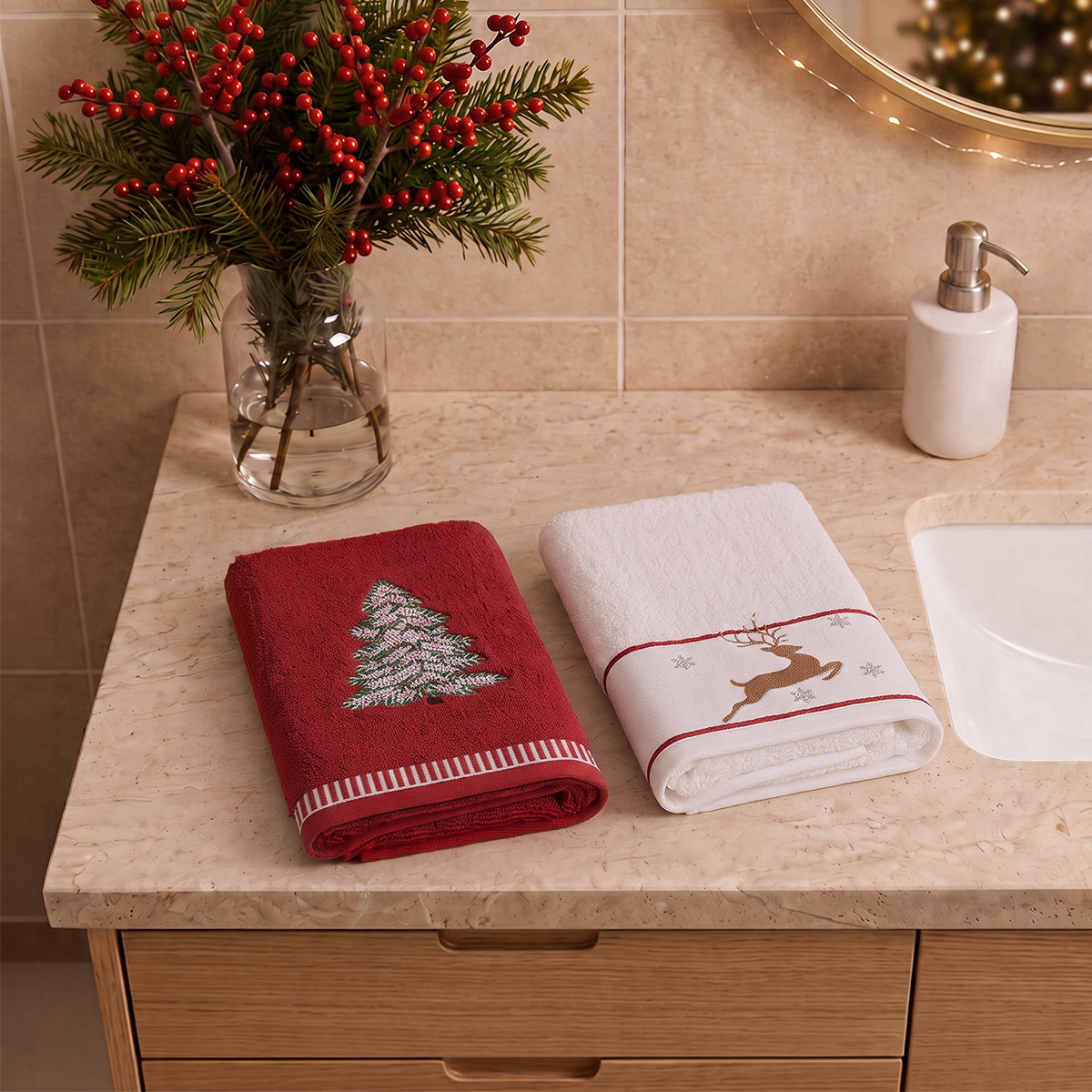 Lot de 2 serviettes invité en coton brodé Pathway xmas