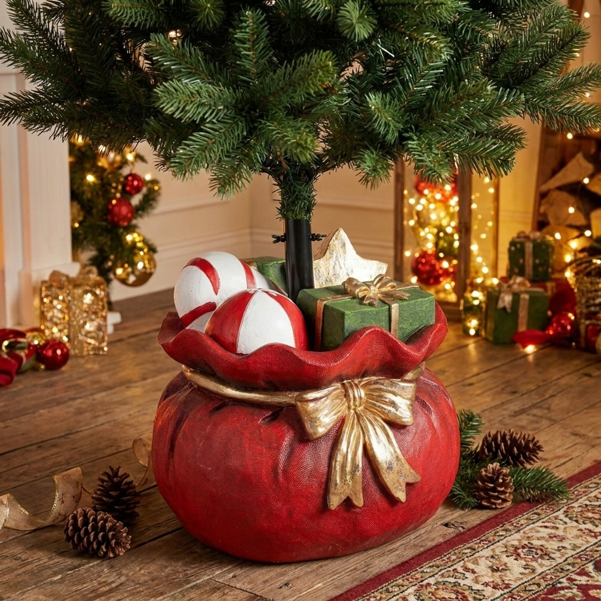 Pied pour sapin de Noël en plâtre en forme de sac cadeau Fanciful