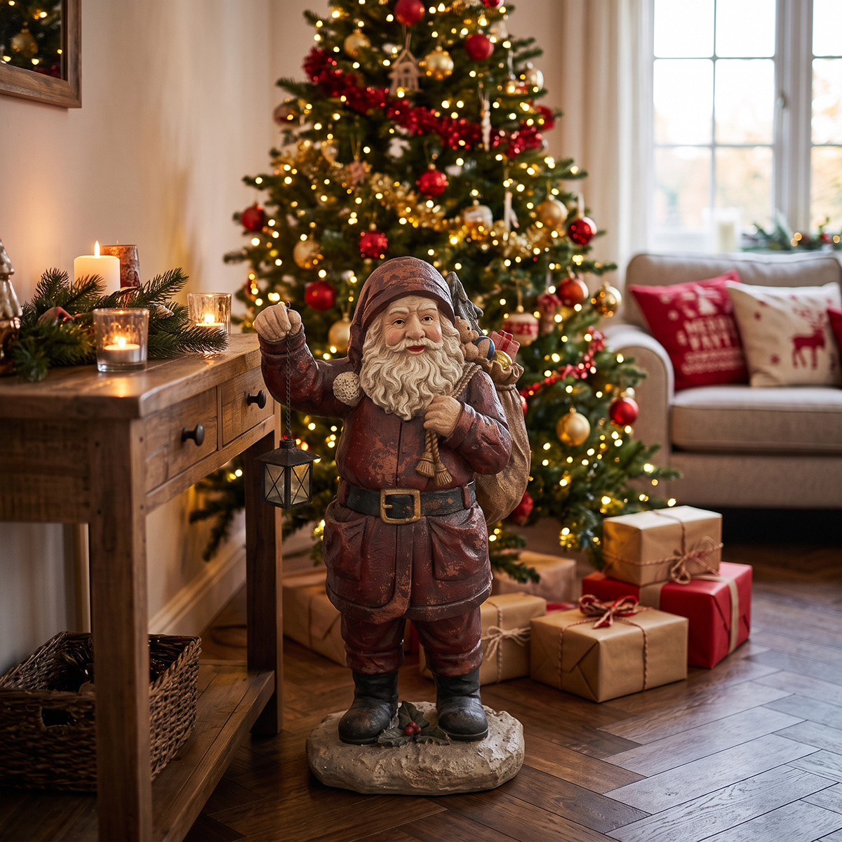 Estatua navideña Papá Noel con linterna de pie Devin
