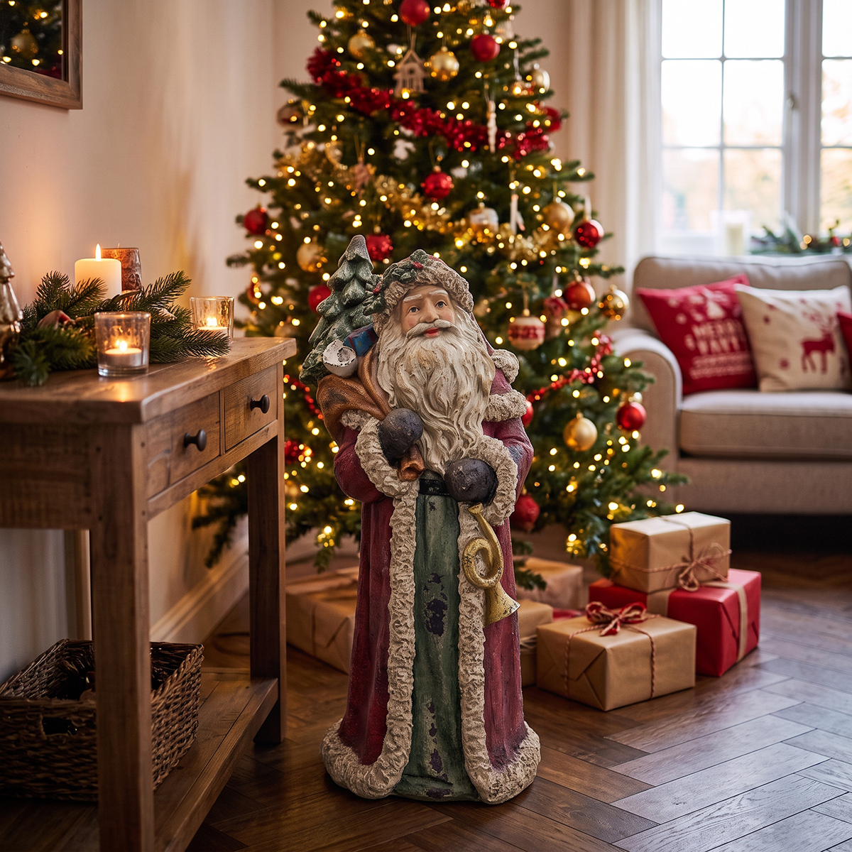 Estatua navideña de Papá Noel de pie con saco Jaden