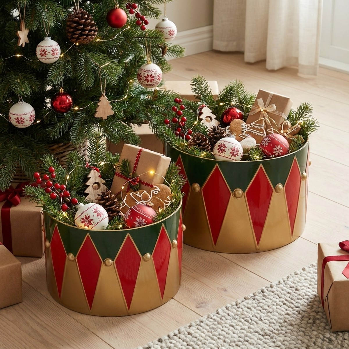 Set 2 contenitori decorativi natalizi a tamburo in metallo Chaniel