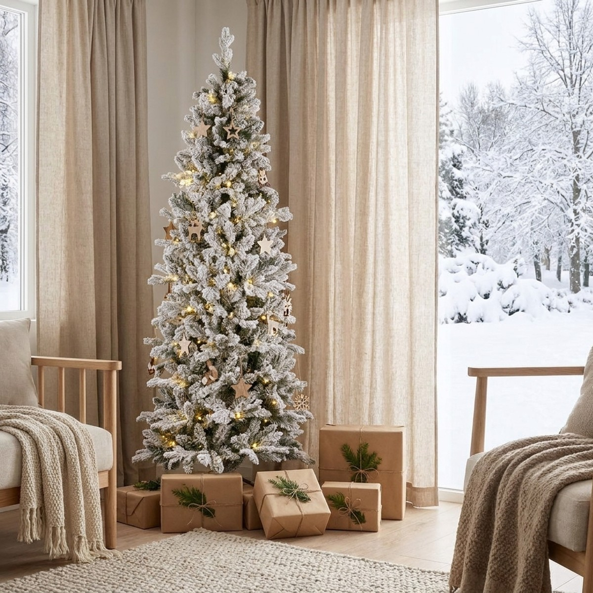 Árbol de Navidad estrecho nevado 180 cm Tatlow slim