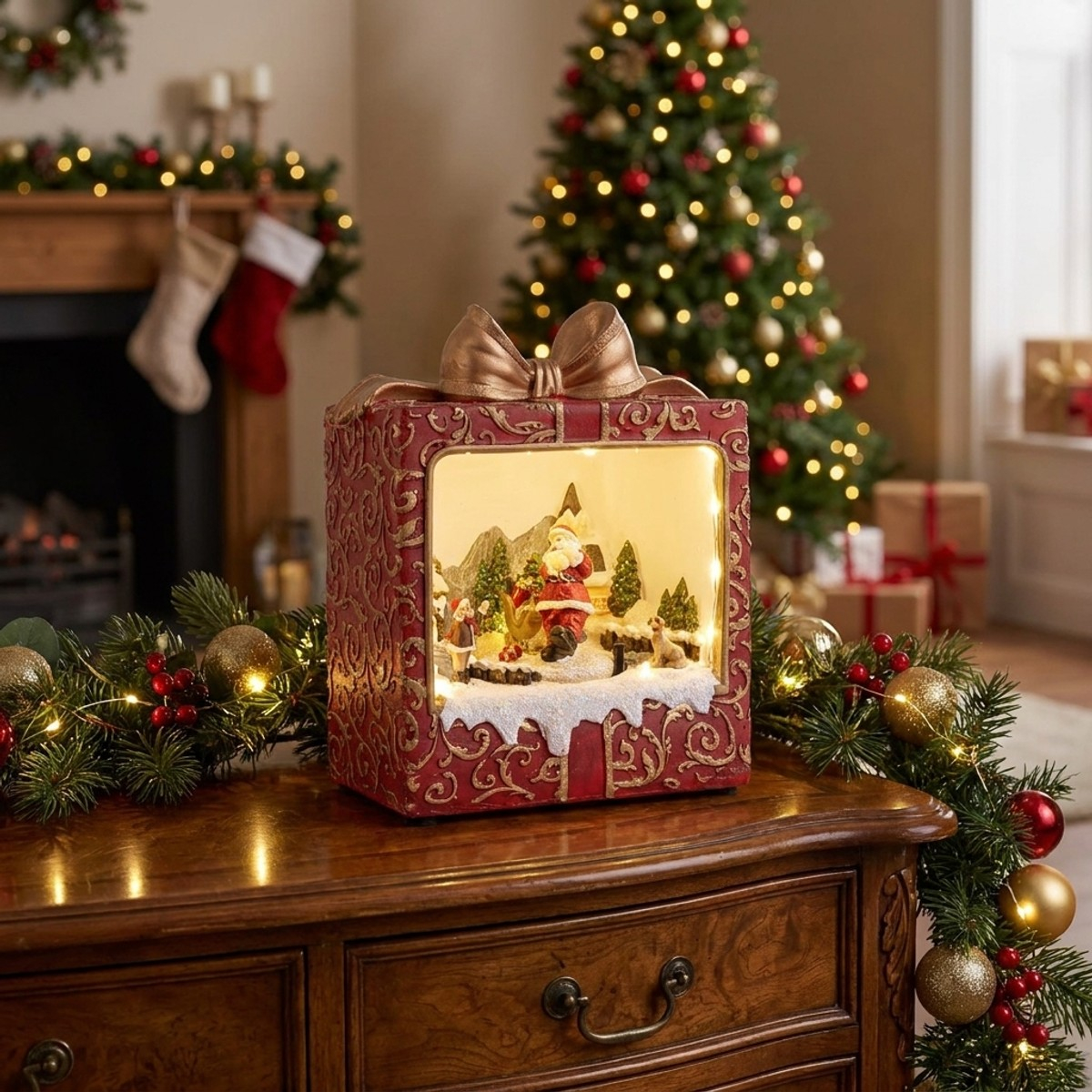 Statuetta natalizia Babbo Natale con luci LED e movimento Holly