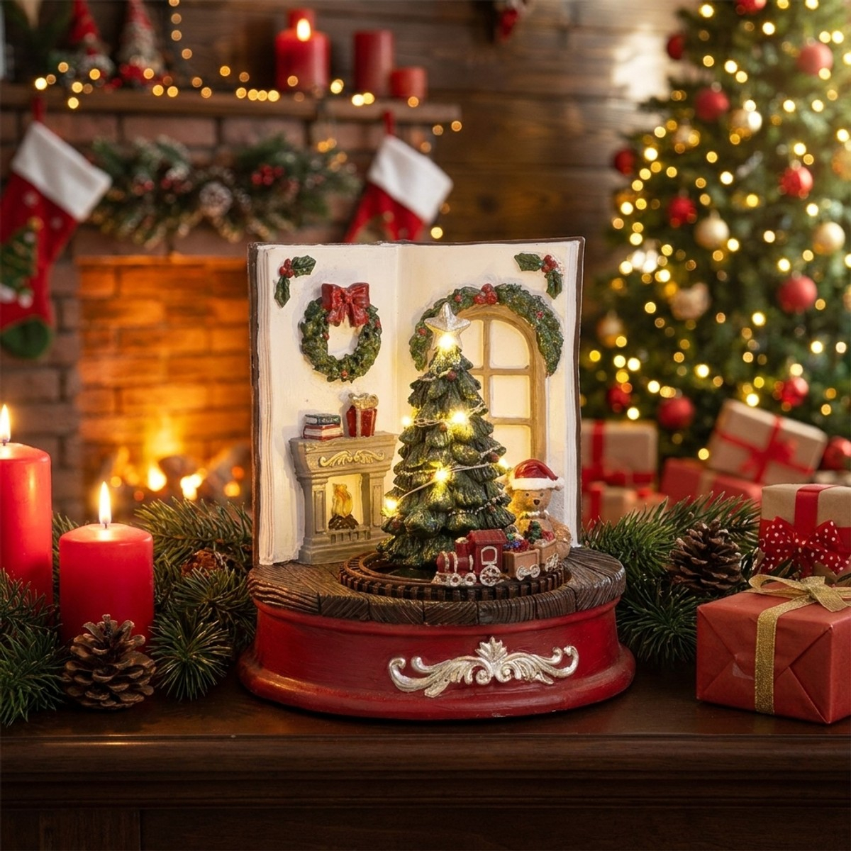 Decorazione natalizia a libro con luci LED e movimento Holly