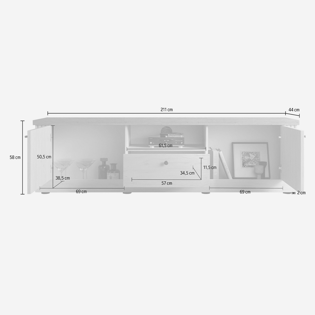 Mobile TV 3 ante per soggiorno 211x58x44 cm Country