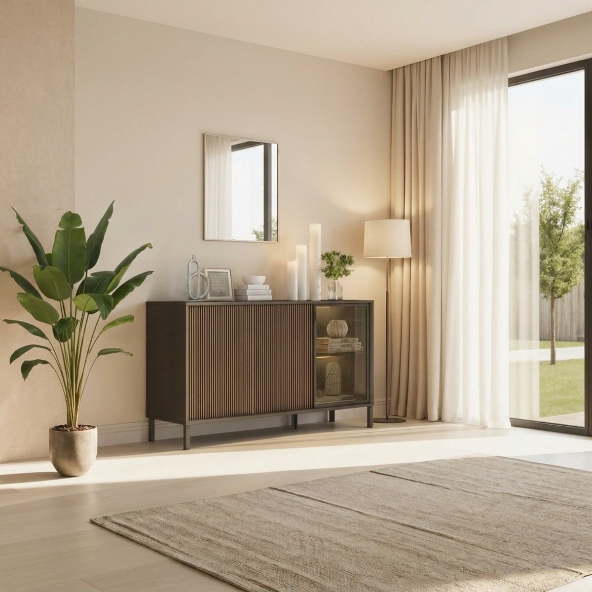 Madia moderna 3 ante con vetrina LED Cortina