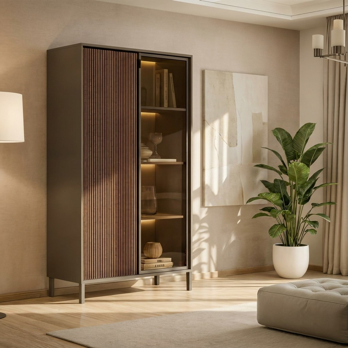 Vitrine de rangement mobile 2 portes avec LED Cortina