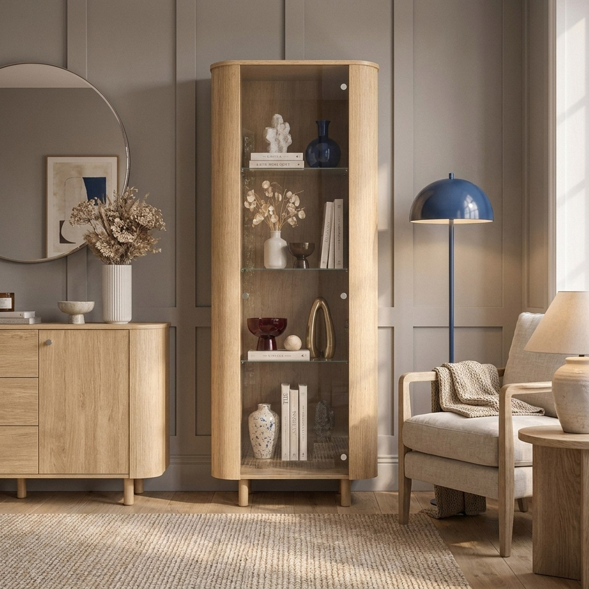 Vitrine 1 porte pour salon avec étagères en verre Roma