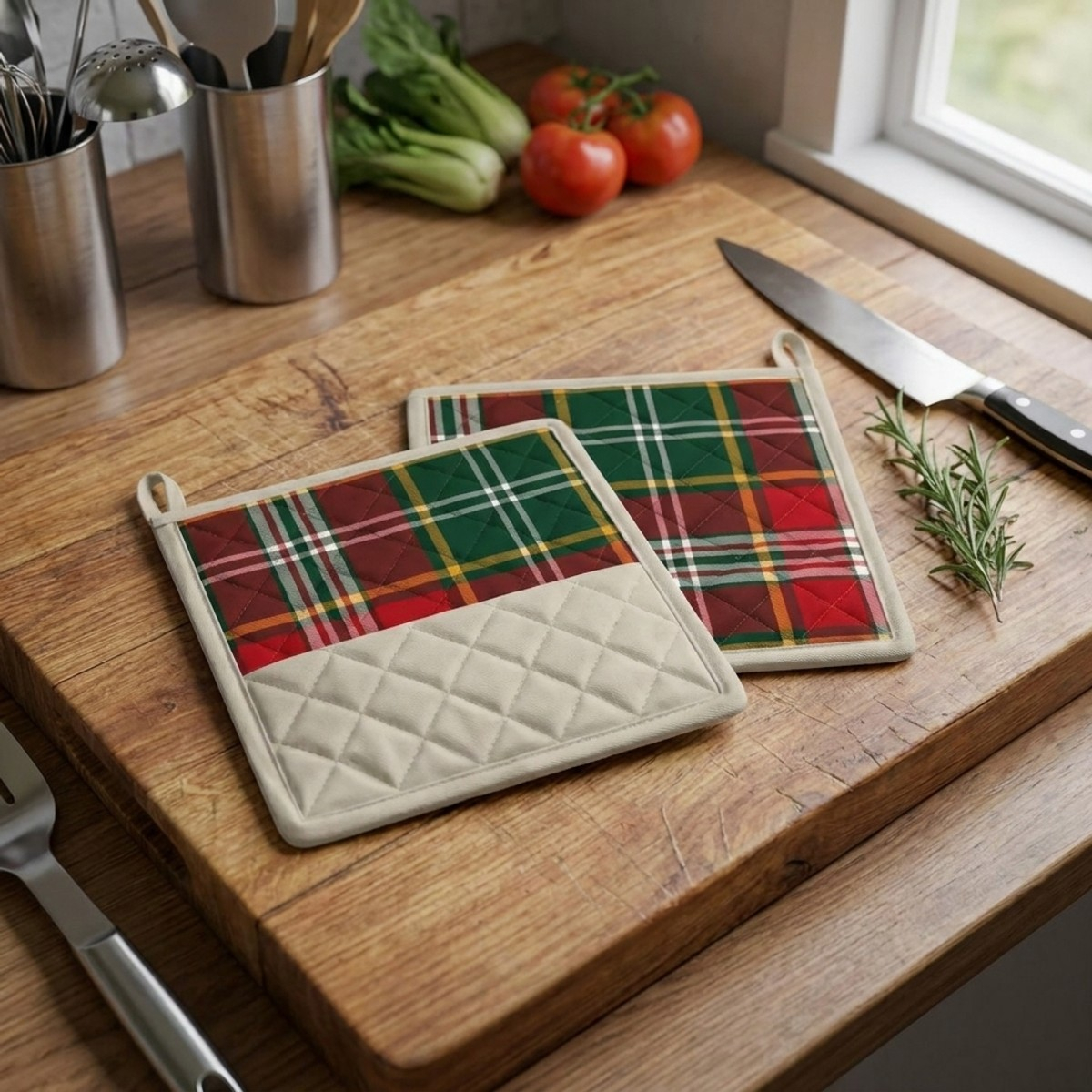 Set 2 pezzi presine da cucina in cotone Tartan linen