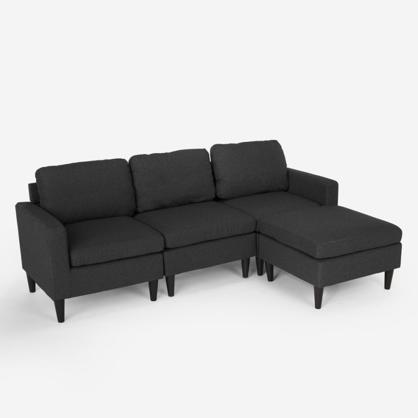 Divano 3 posti braccioli con pouf in tessuto salotto moderno elegante Steffy 