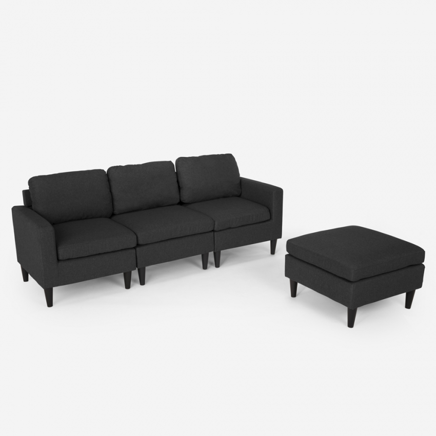 Divano 3 posti braccioli con pouf in tessuto salotto moderno elegante Steffy 